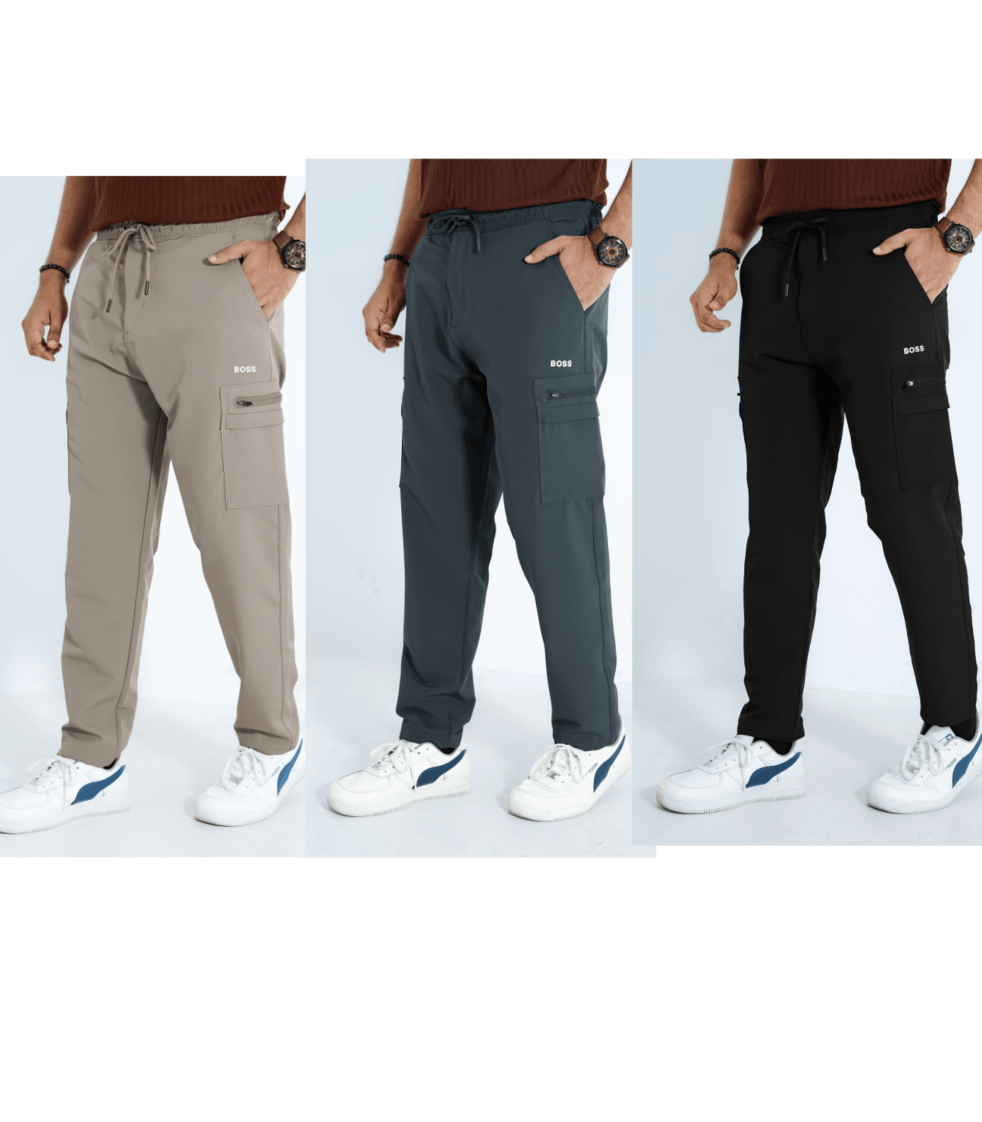 boss trousers-(Black+Khaki+ Black ash)